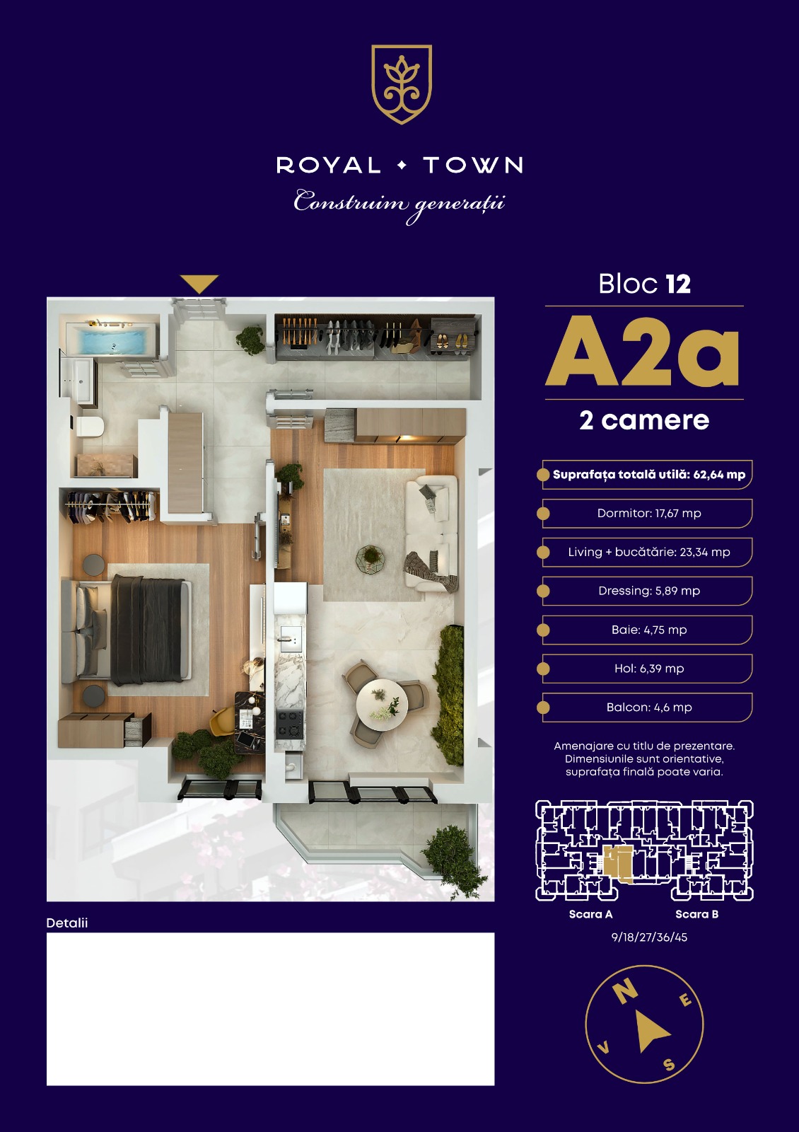 Plan apartament A2a Bloc 12 — 2 camere, 62.64 mp Royal Town