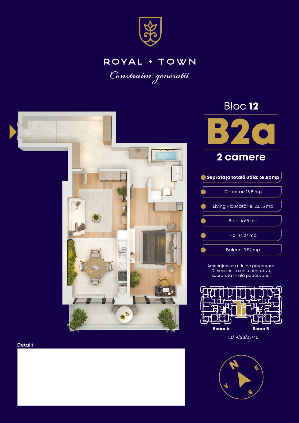 Plan apartament B2a Bloc 12 — 2 camere, 68.82 mp Royal Town