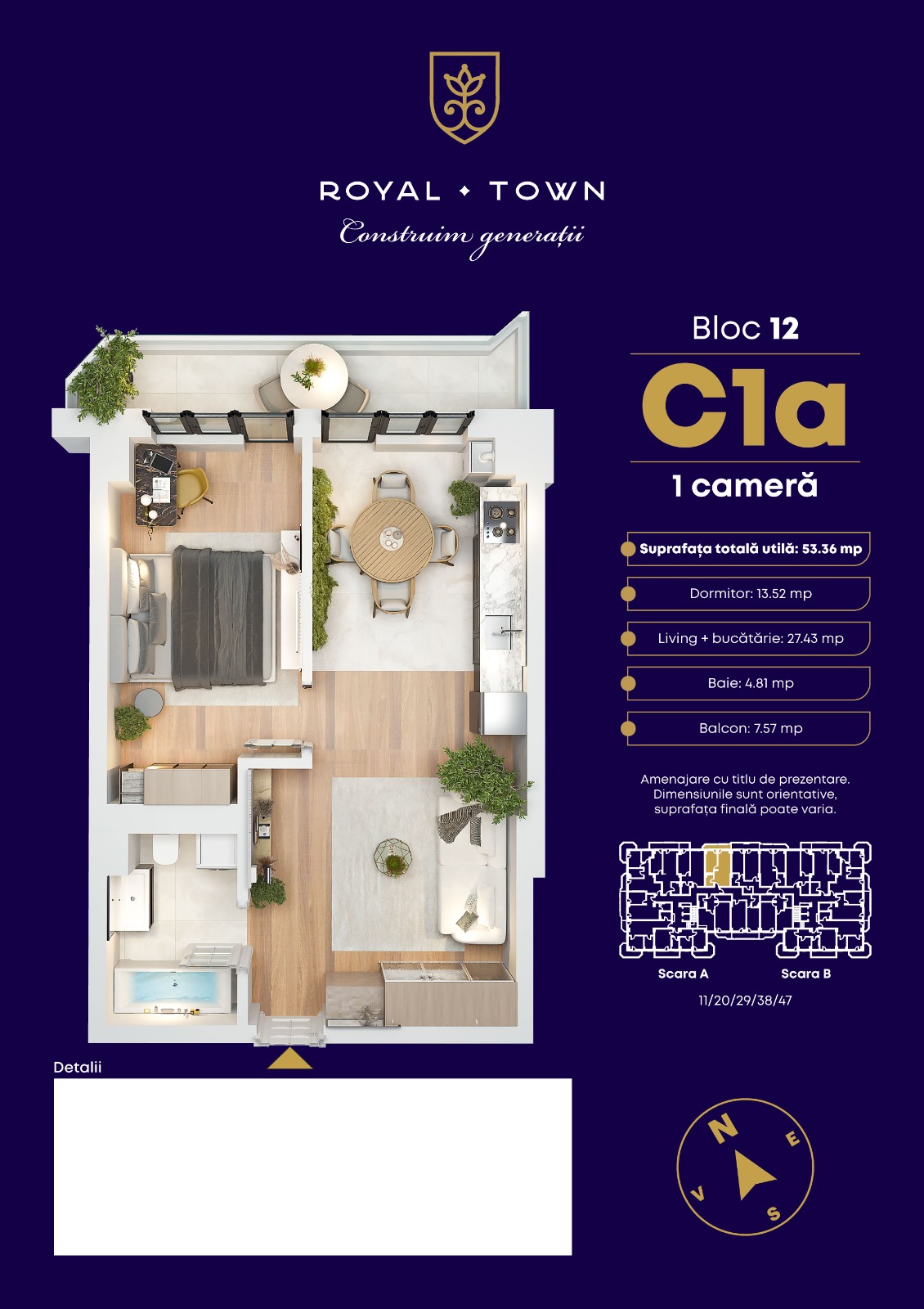 Plan apartament C1a — 1 cameră, 53.36 mp, Bloc 12 Royal Town