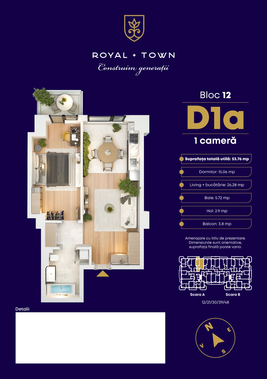 Plan apartament D1a — 1 cameră, 53.76 mp, Bloc 12 Royal Town
