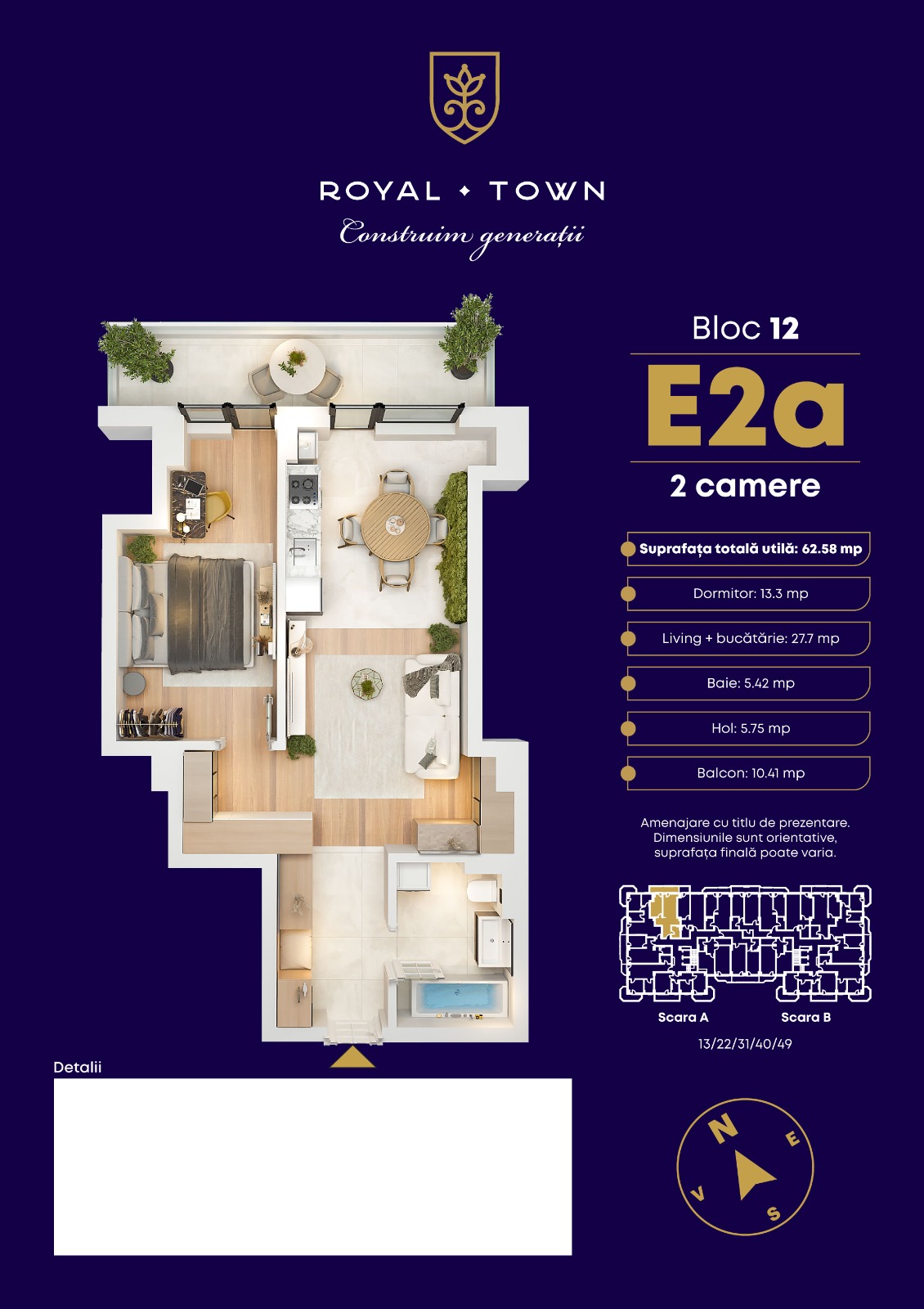 Plan apartament E2a Bloc 12 — 2 camere, 62.58 mp Royal Town