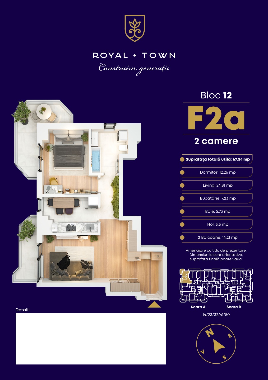 Plan apartament F2a Bloc 12 — 2 camere, 67.54 mp Royal Town