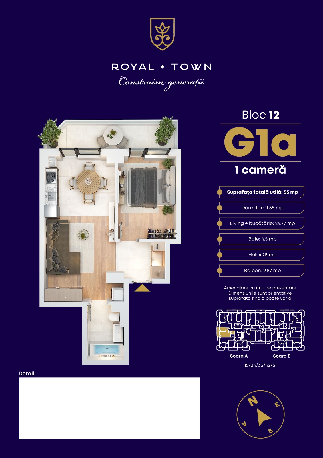 Plan apartament G1a — 1 cameră, 55 mp, Bloc 12 Royal Town