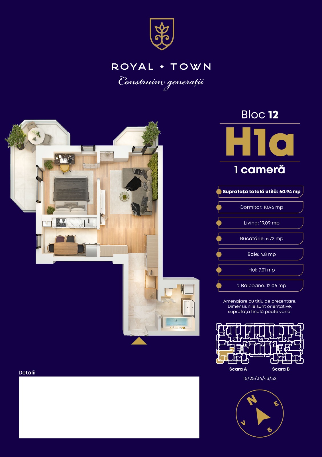Plan apartament H1a — 1 cameră, 60.94 mp, Bloc 12 Royal Town