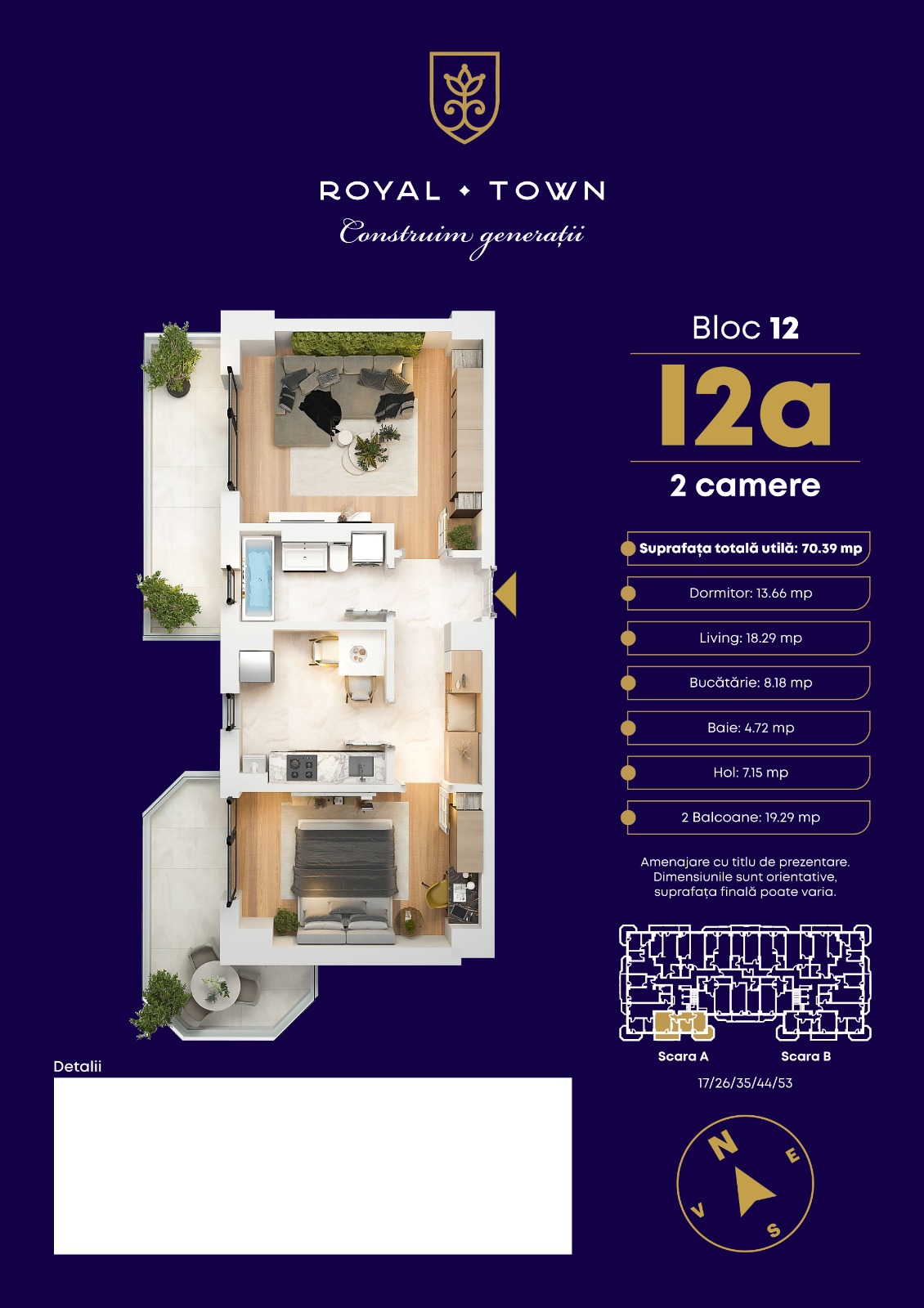Plan apartament I2a Bloc 12 — 2 camere, 70.39 mp Royal Town